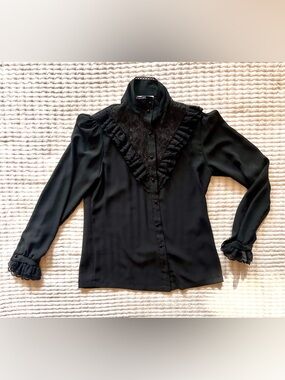 Vintage 80s Black Lace Victorian Blouse | High Neck Ruffle Gothic Romantic Top S